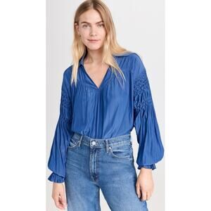 Ramy Brook Blue Balloon Sleeve Blouse Size XS EUC Collar V-Neck